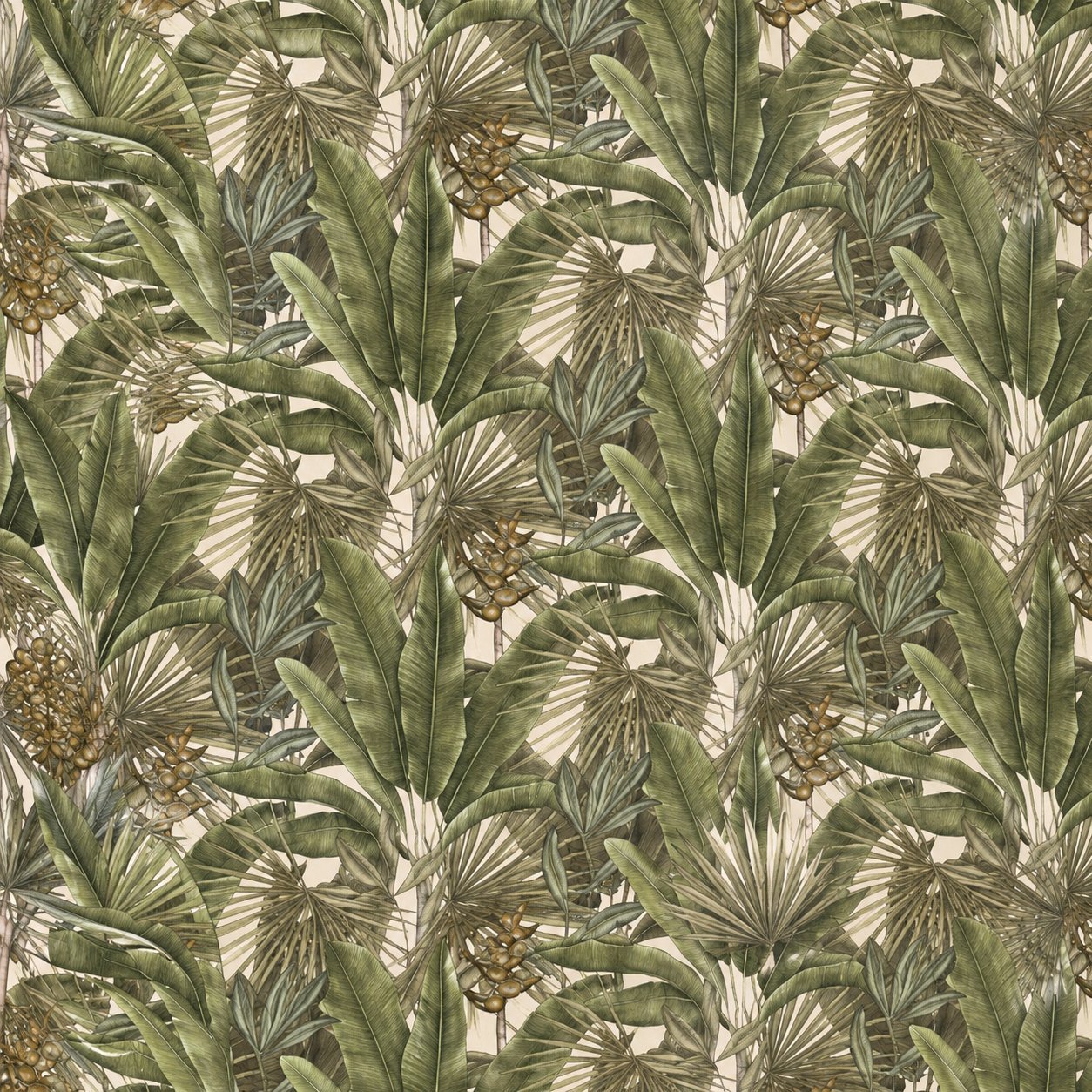 Vintage botanical pattern featuring green palm fronds and cream-colored fan-shaped flowers on a beige background