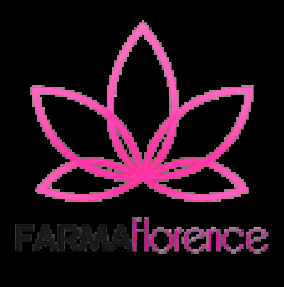 FarmaFlorence logo featuring a pink stylized lotus flower with black text on dark background