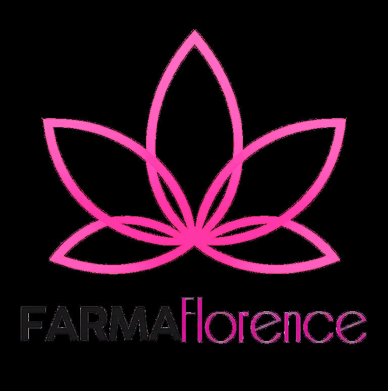 FarmaFlorence logo featuring a pink stylized lotus flower with black text on dark background